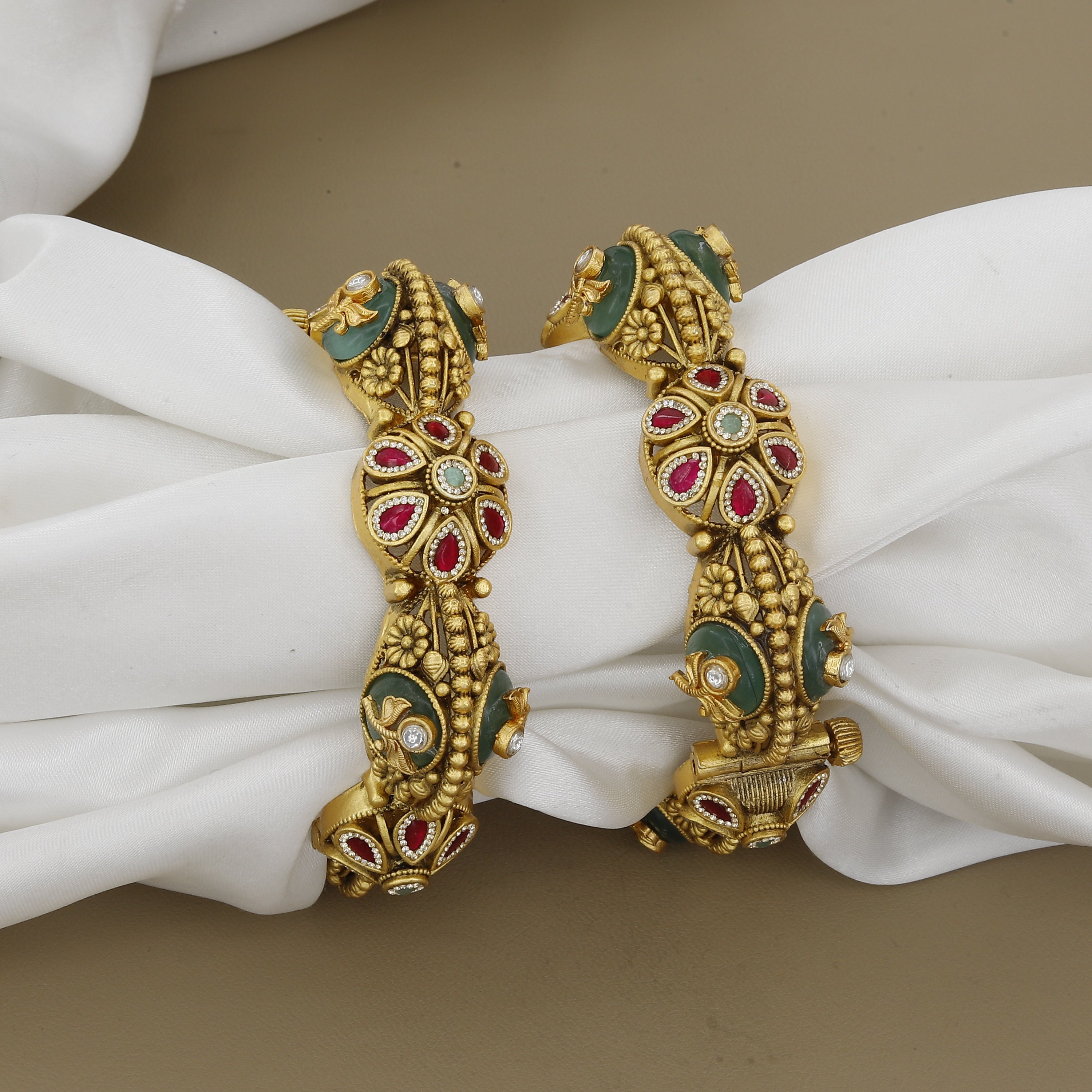 Traditional Gold Toned Patla Set with Ruby and Emerald Accents