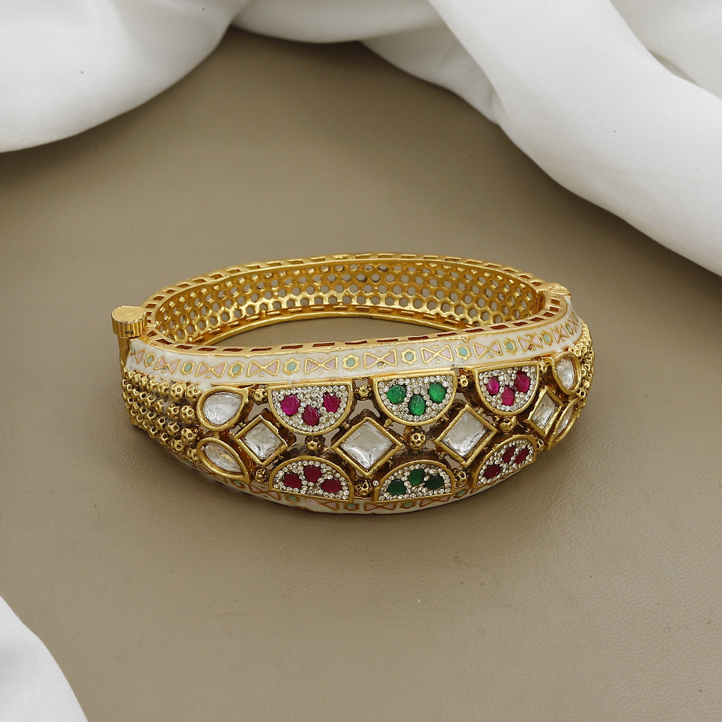 Antique White Enamel Kada with Ruby & Emerald Stones