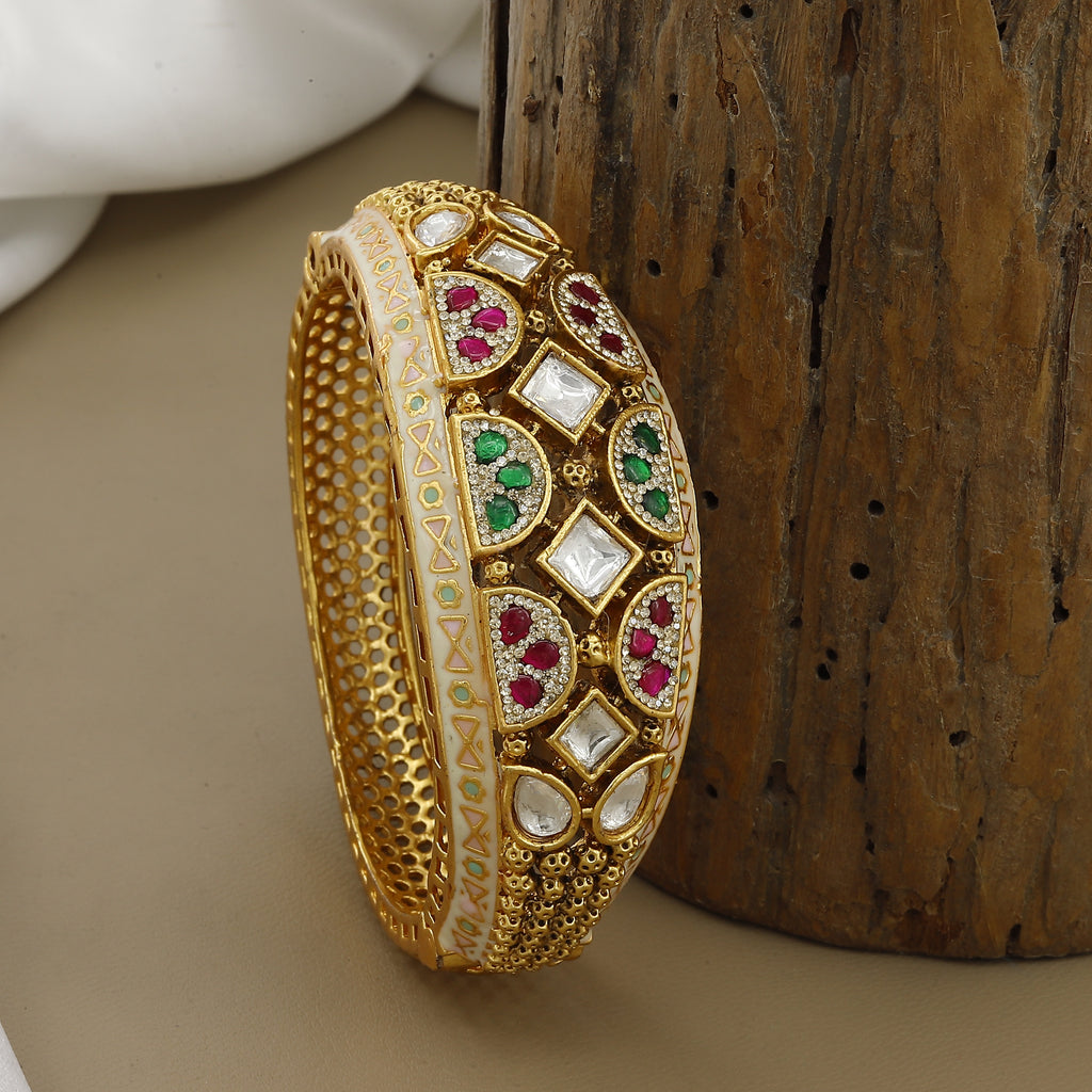 Antique White Enamel Kada with Ruby & Emerald Stones