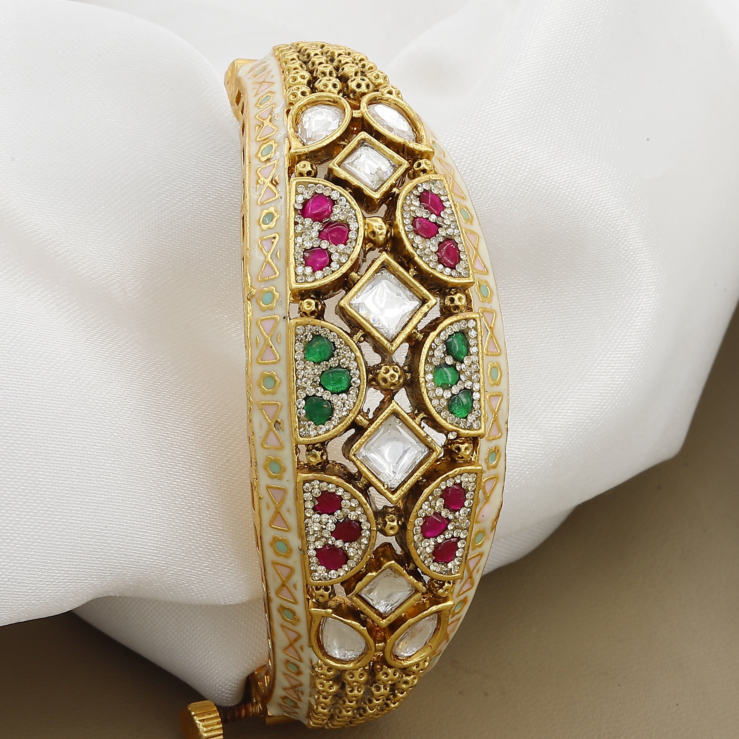 Antique White Enamel Kada with Ruby & Emerald Stones