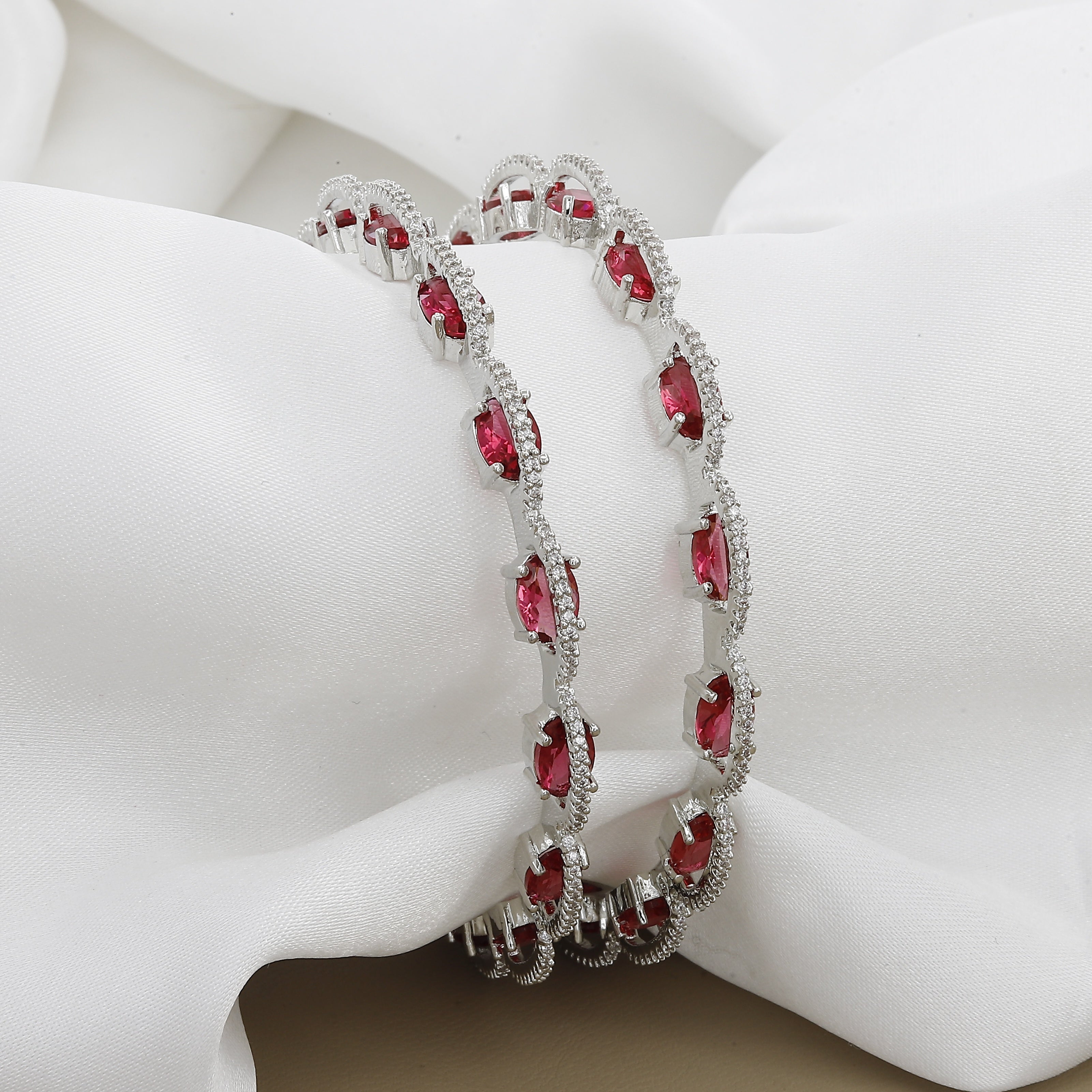 Silver Polish Ruby Color Diamond Set of 2 Bangles