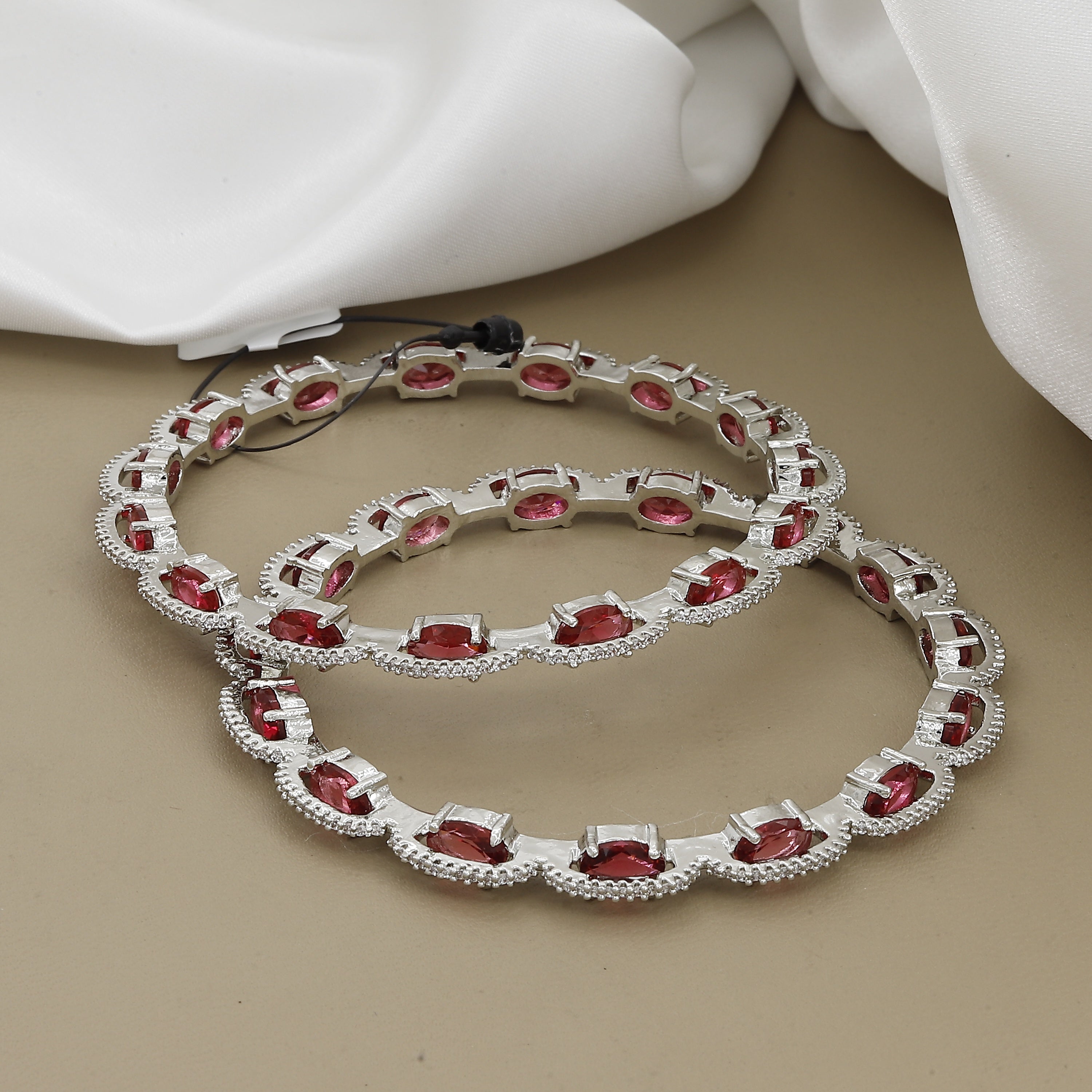 Silver Polish Ruby Color Diamond Set of 2 Bangles
