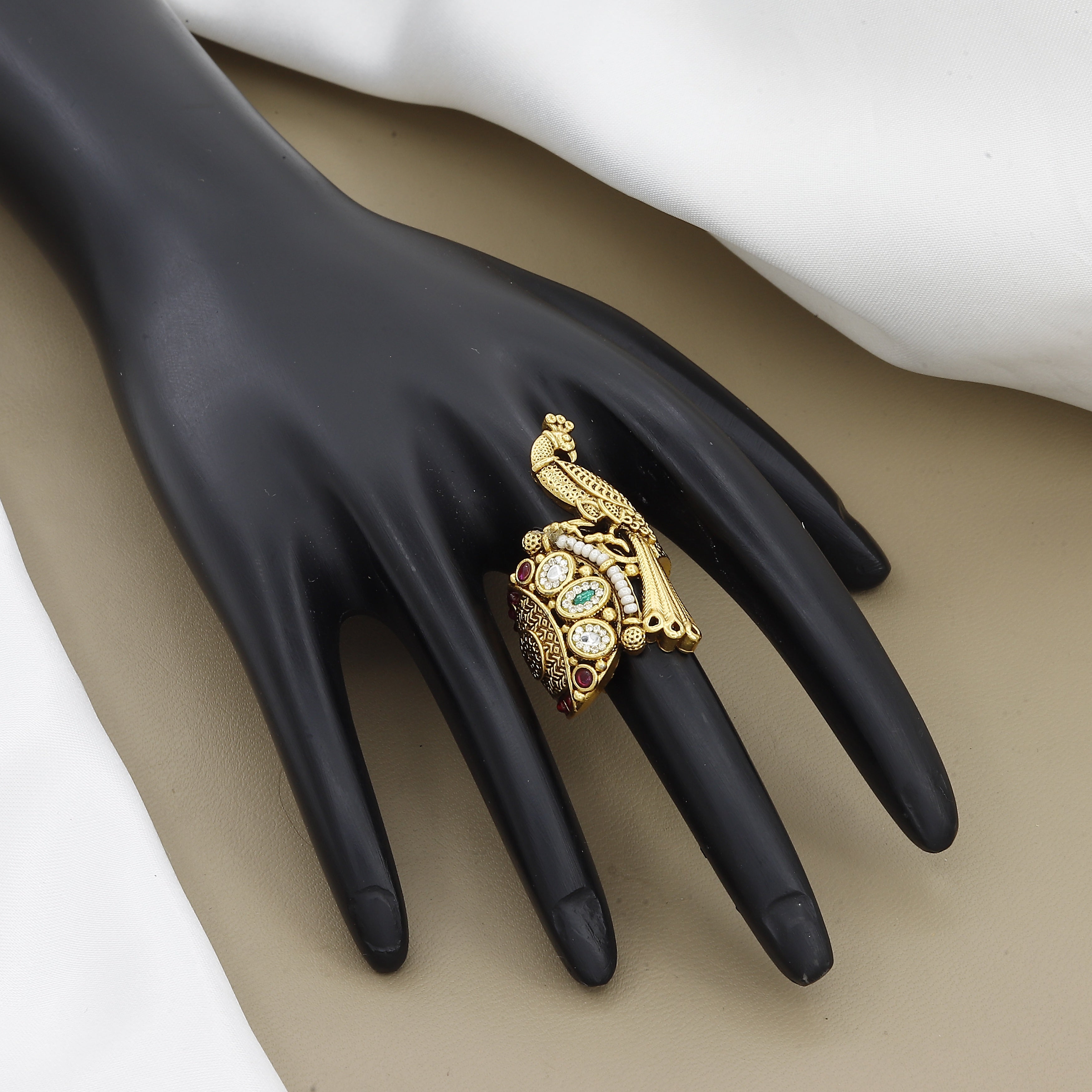 Heritage Traditional Kundan Peacock Finger Free Size Ring