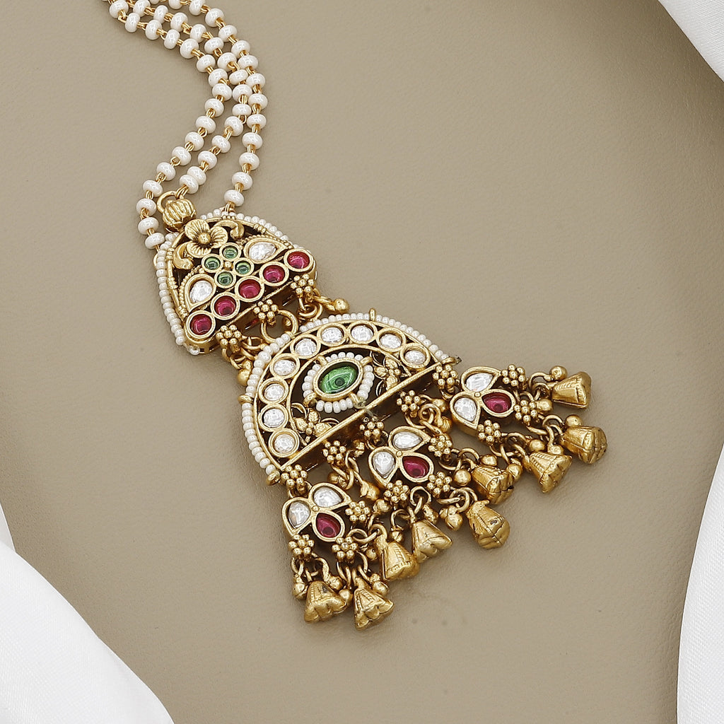 Traditional Kundan Pearl Maang Tikka with Antique Finish