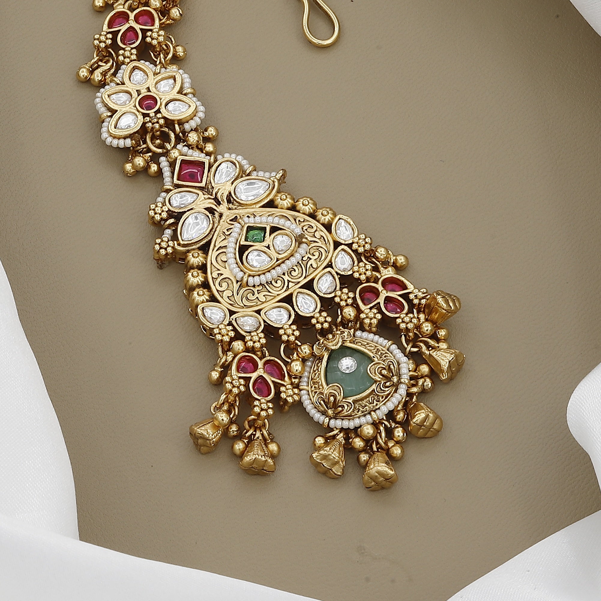 Designer Kundan Maang Tikka with Ruby & Green Stones