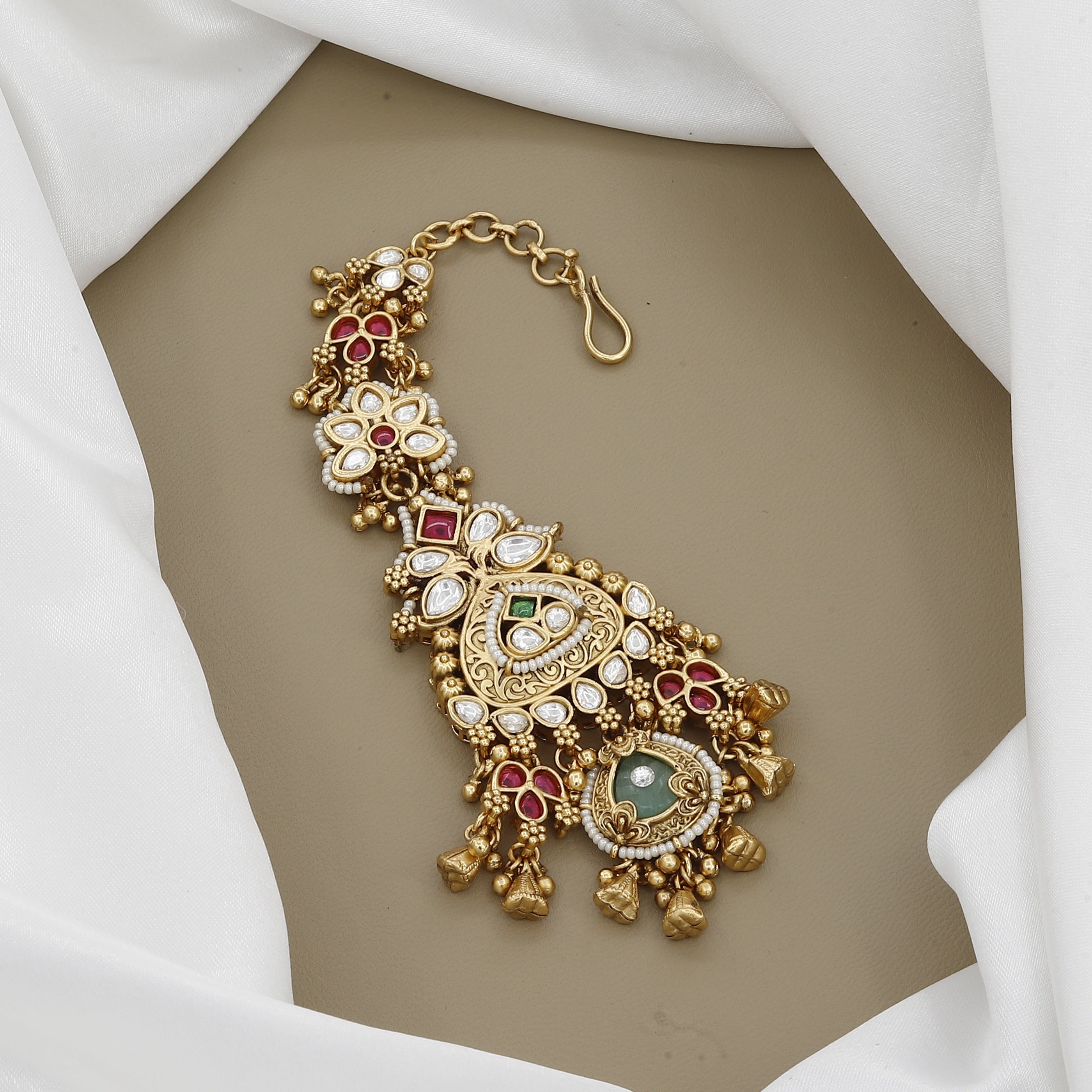Designer Kundan Maang Tikka with Ruby & Green Stones