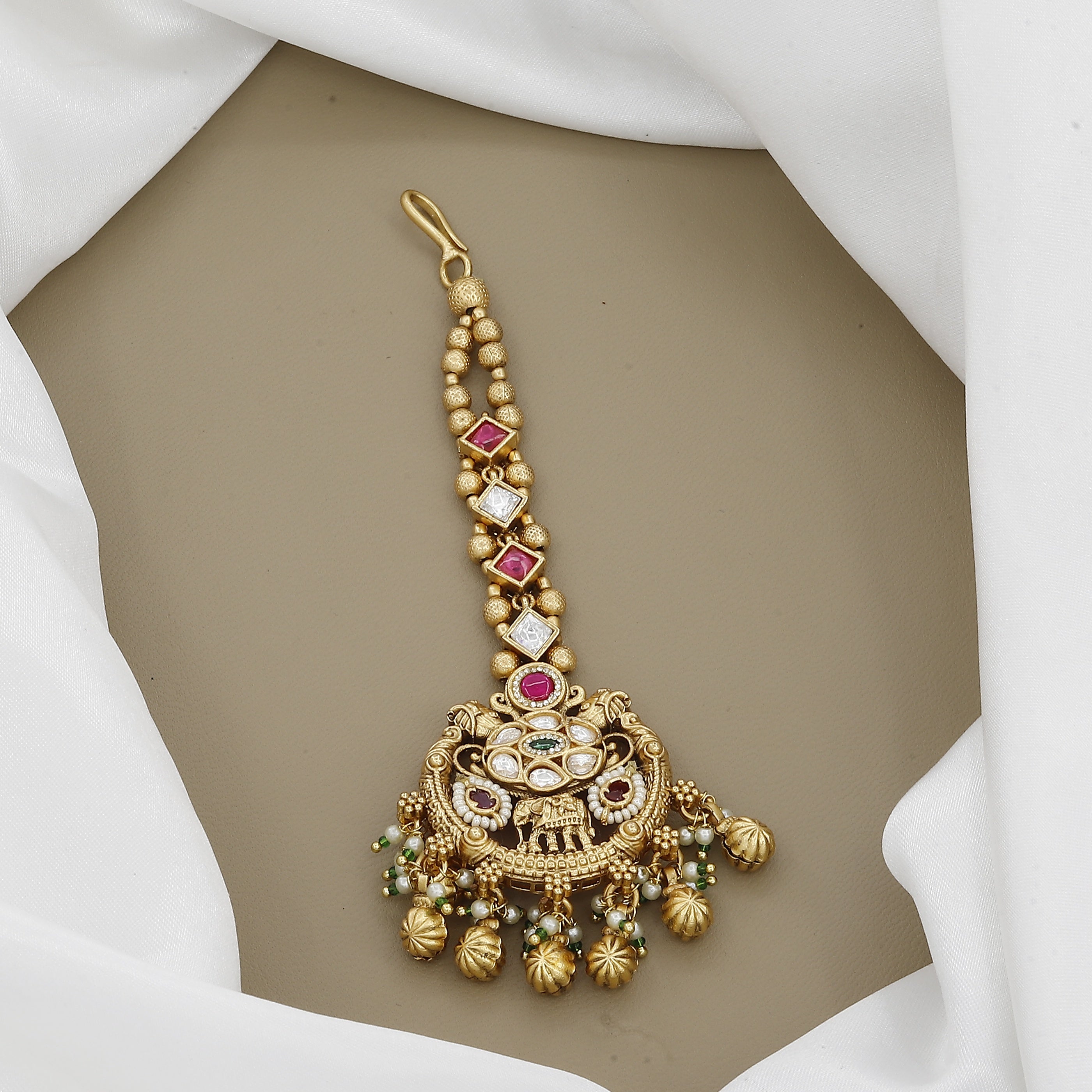 Antique Kundan Maang Tikka with Ruby & Pearl Drops