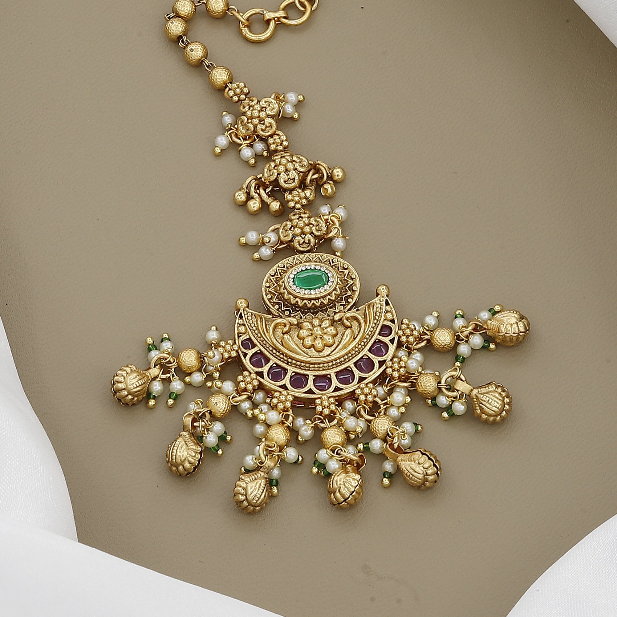 Antique Gold Maang Tikka with Pearls and Green Stone