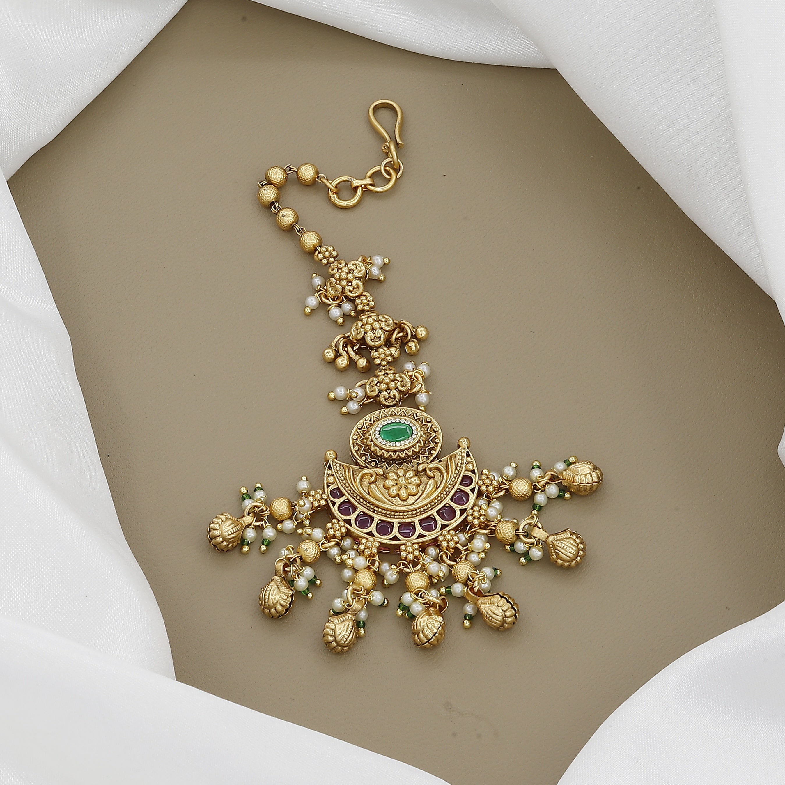 Antique Gold Maang Tikka with Pearls and Green Stone
