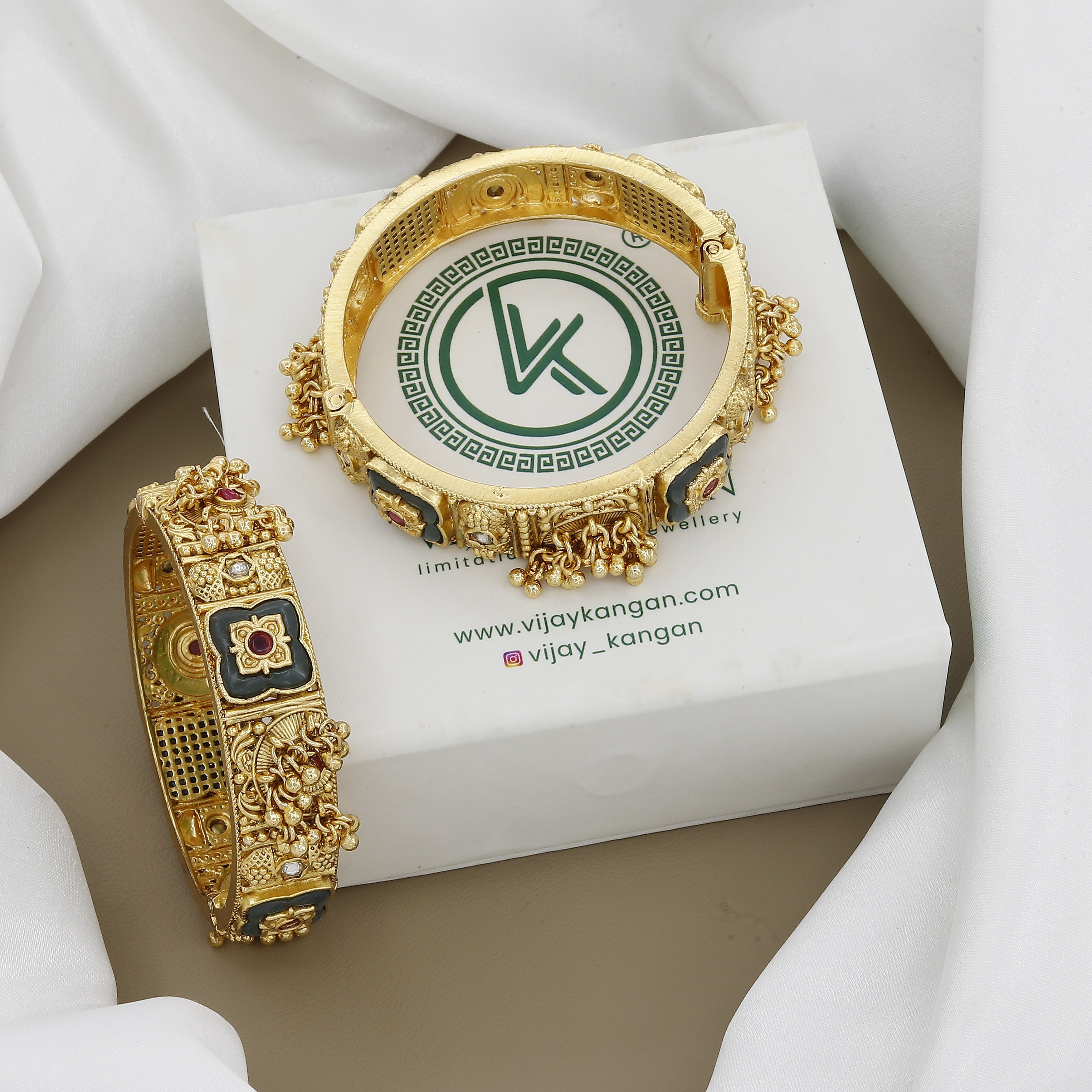 Antique Floral Patla Set with Green Enamel & Ruby Stones