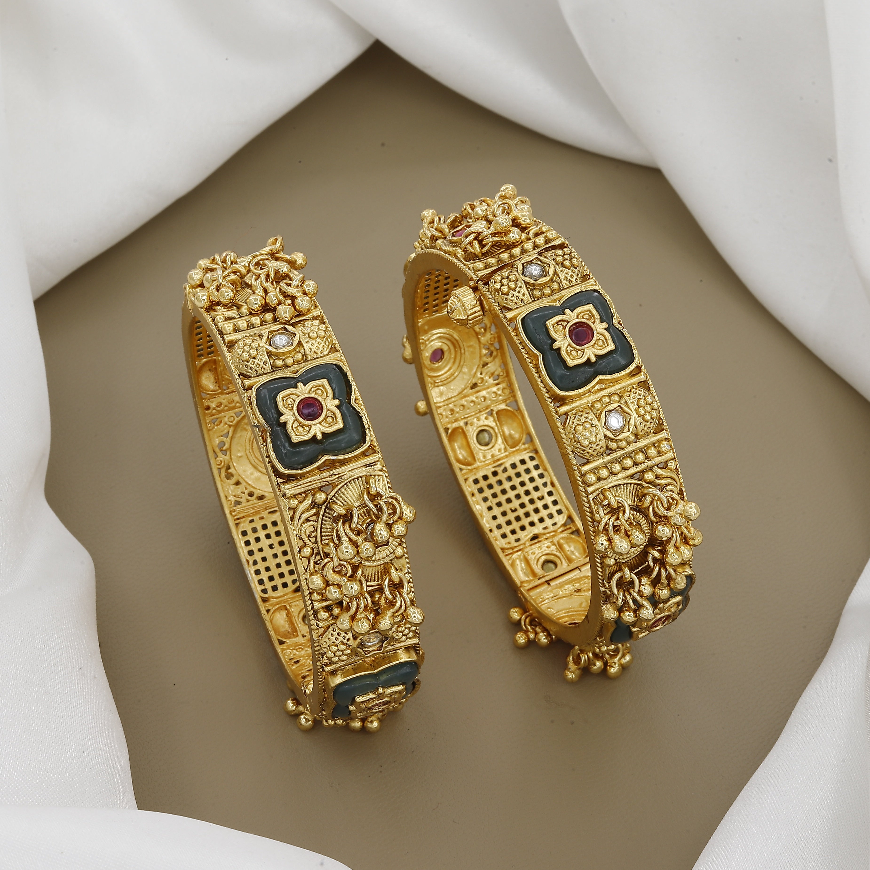 Antique Floral Patla Set with Green Enamel & Ruby Stones