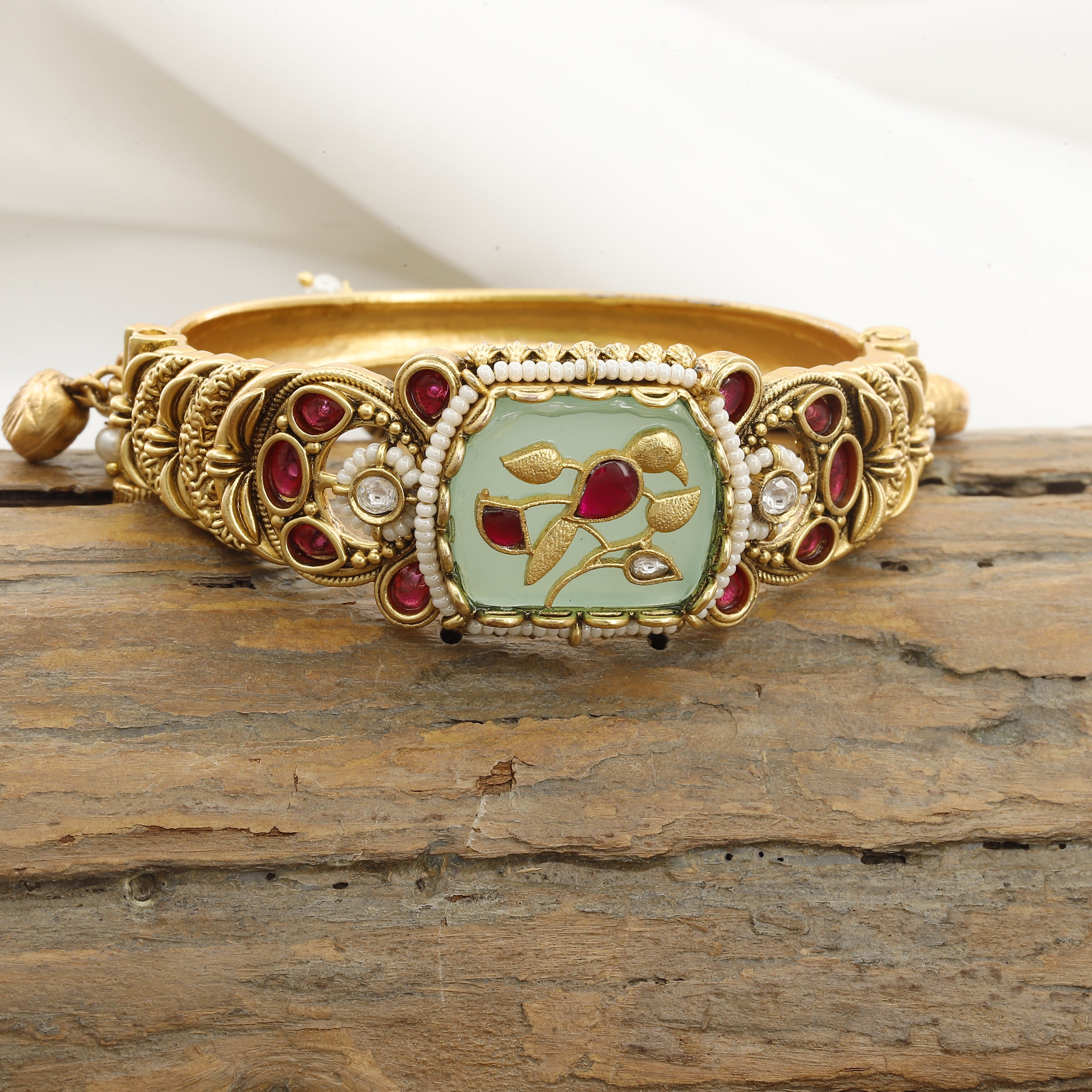 Traditional Heritage Kada with Red Rubies & Enamel Work