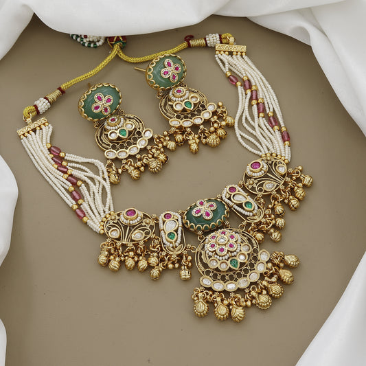 Antique Multi-Strand Pearl & Kundan Necklace Set