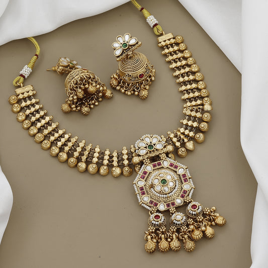 Traditional Gold-Toned Necklace with Jhumka Earrings