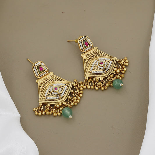 Antique Gold Toned Necklace Set with Ruby, Kundan, and Green Stone