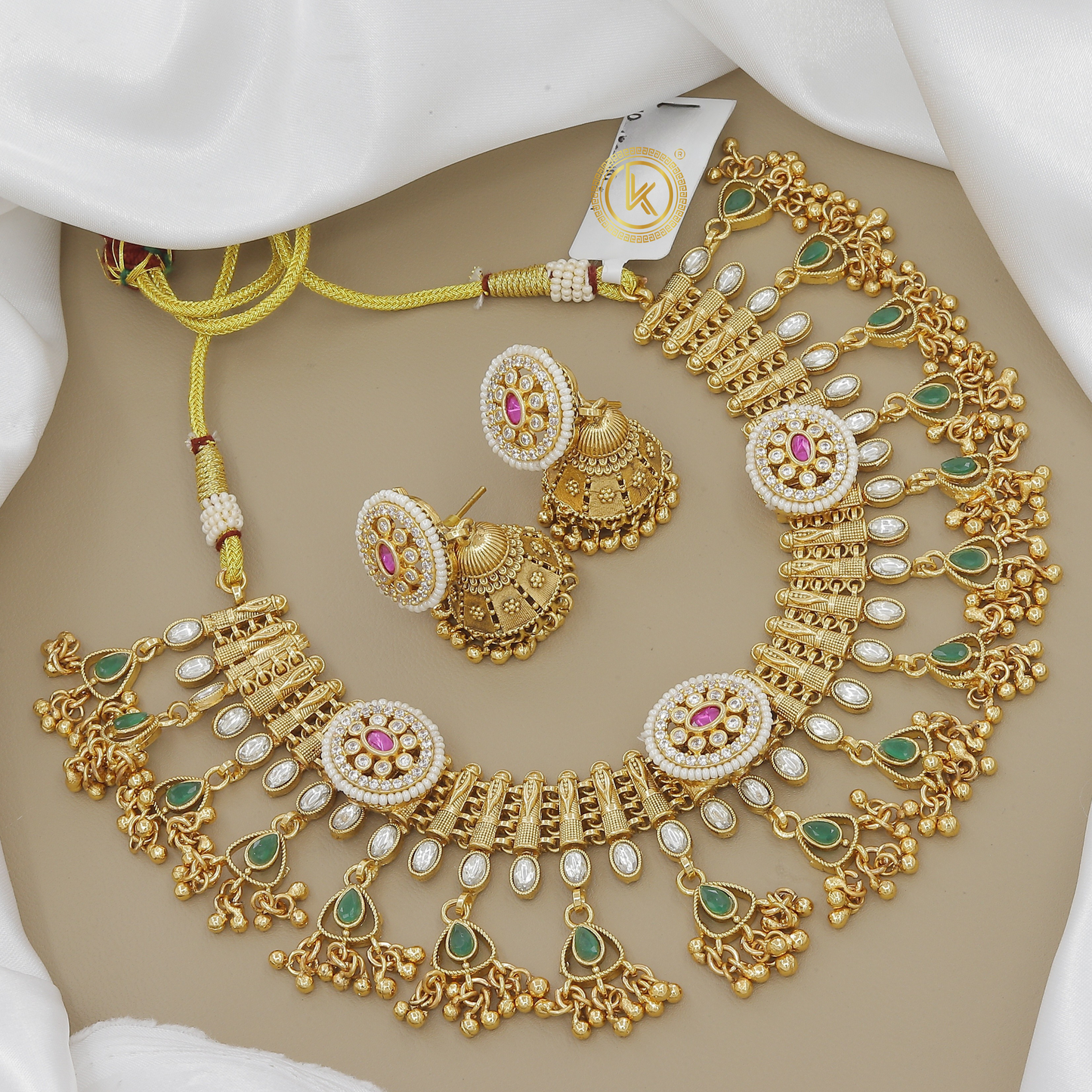 Grand Gold-Plated Choker Necklace Set with Jhumki & Stone Drops
