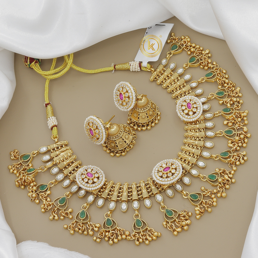 Grand Gold-Plated Choker Necklace Set with Jhumki & Stone Drops