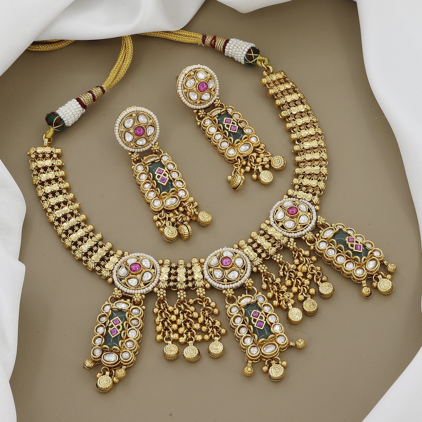 Antique Gold Plated Necklace Set with Pearl and Stone Work