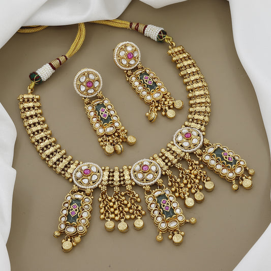 Antique Gold Plated Necklace Set with Pearl and Stone Work