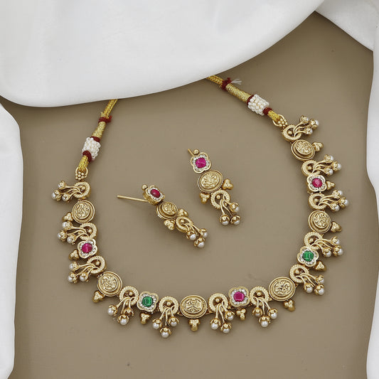 Antique Gold Tone Necklace Set with Ruby and Emerald Stones