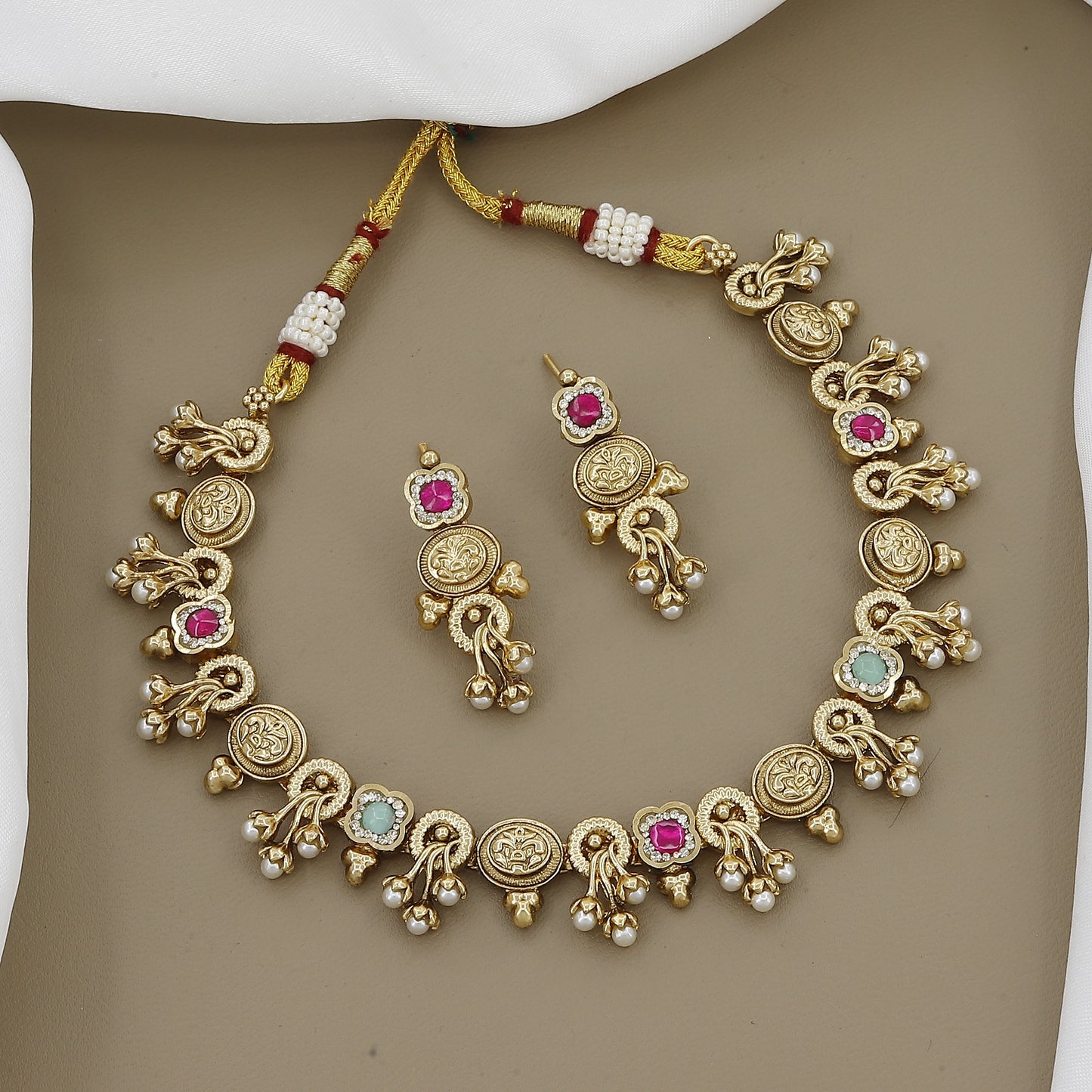 Antique Gold Tone Necklace Set with Ruby and Emerald Stones