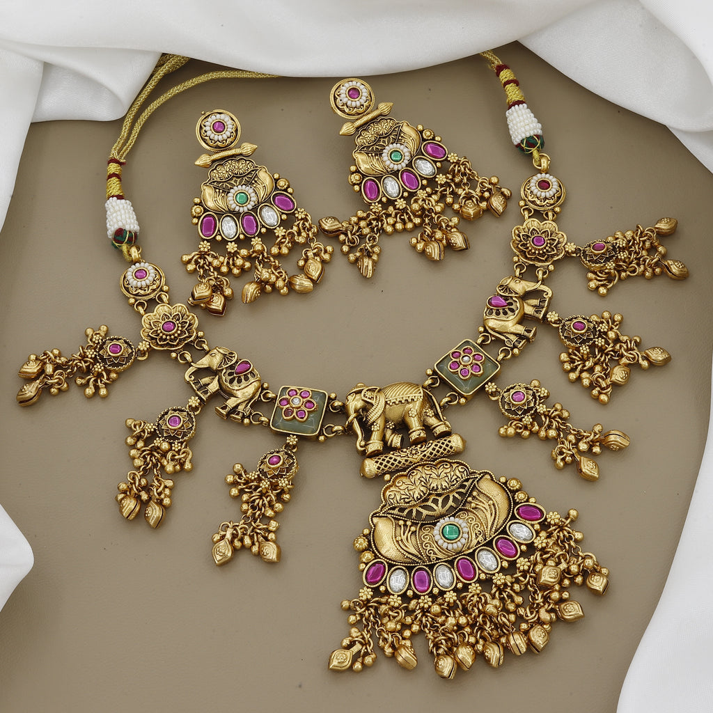 Antique Elephant Design Necklace Set with Jhumka Earrings