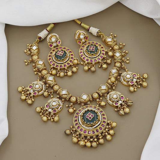 Antique Gold Tone Necklace Set with Ruby and Emerald Stones