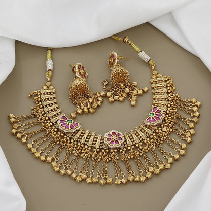 Royal Antique Gold Tone Necklace Set with Tassel Dangles