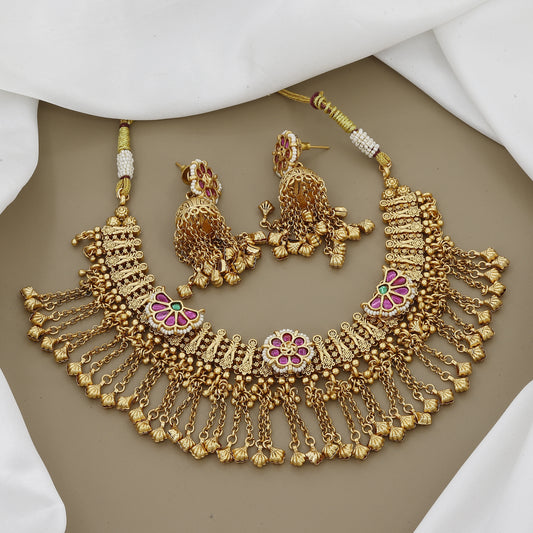 Royal Antique Gold Tone Necklace Set with Tassel Dangles