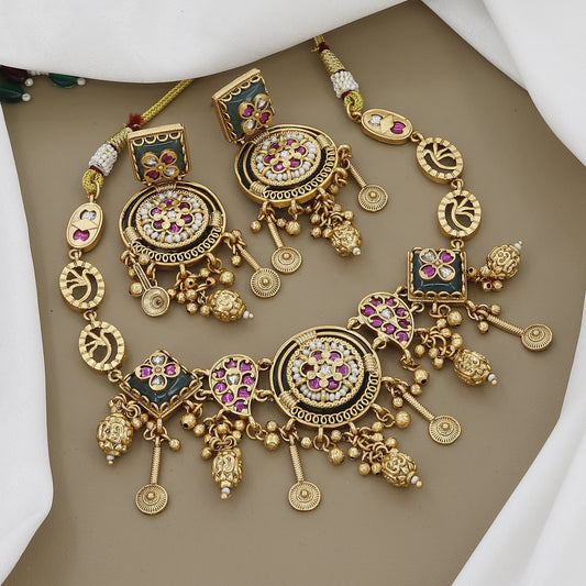 Gold Plated Ruby and Pearl Kundan Necklace Set with Earrings