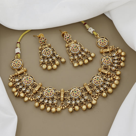 Antique Gold Plated Kundan Necklace Set with Pearl Drops