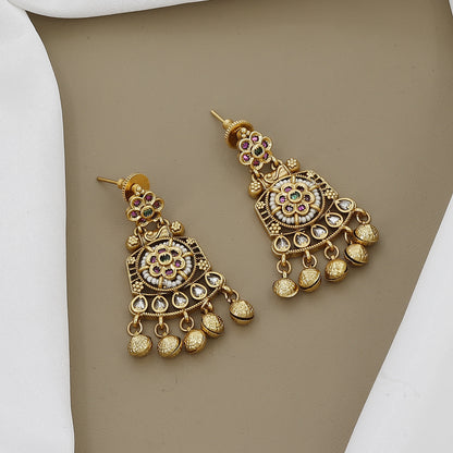 Antique Gold Plated Kundan Necklace Set with Pearl Drops