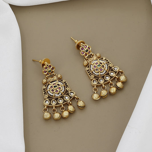 Antique Gold Plated Kundan Necklace Set with Pearl Drops