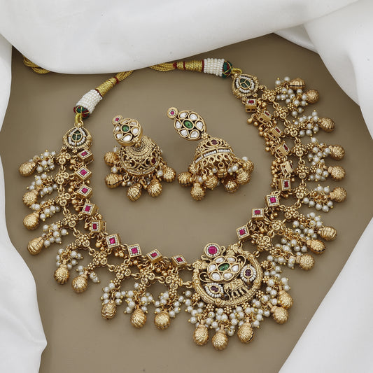 Traditional South Indian Gold Plated Necklace Set with Jhumka Earrings