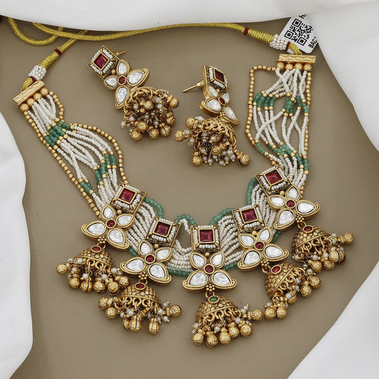 Multistrand Beaded Necklace Set with Kundan & Jhumka Earrings