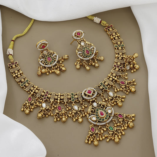 Antique Gold Plated Necklace Set with Ruby & Emerald Stones