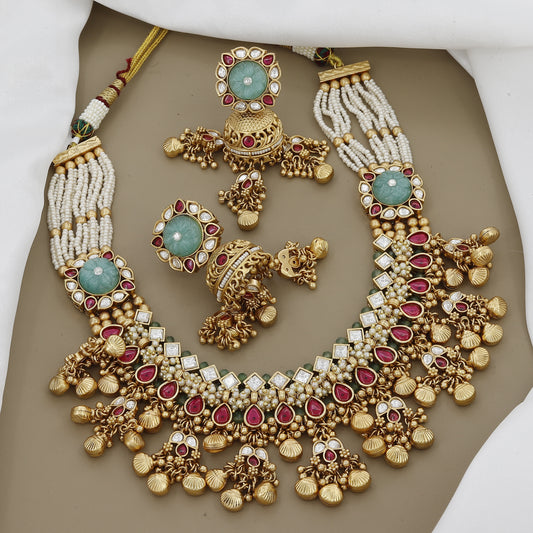 Grand Kundan & Ruby Necklace Set with Jhumka Earrings