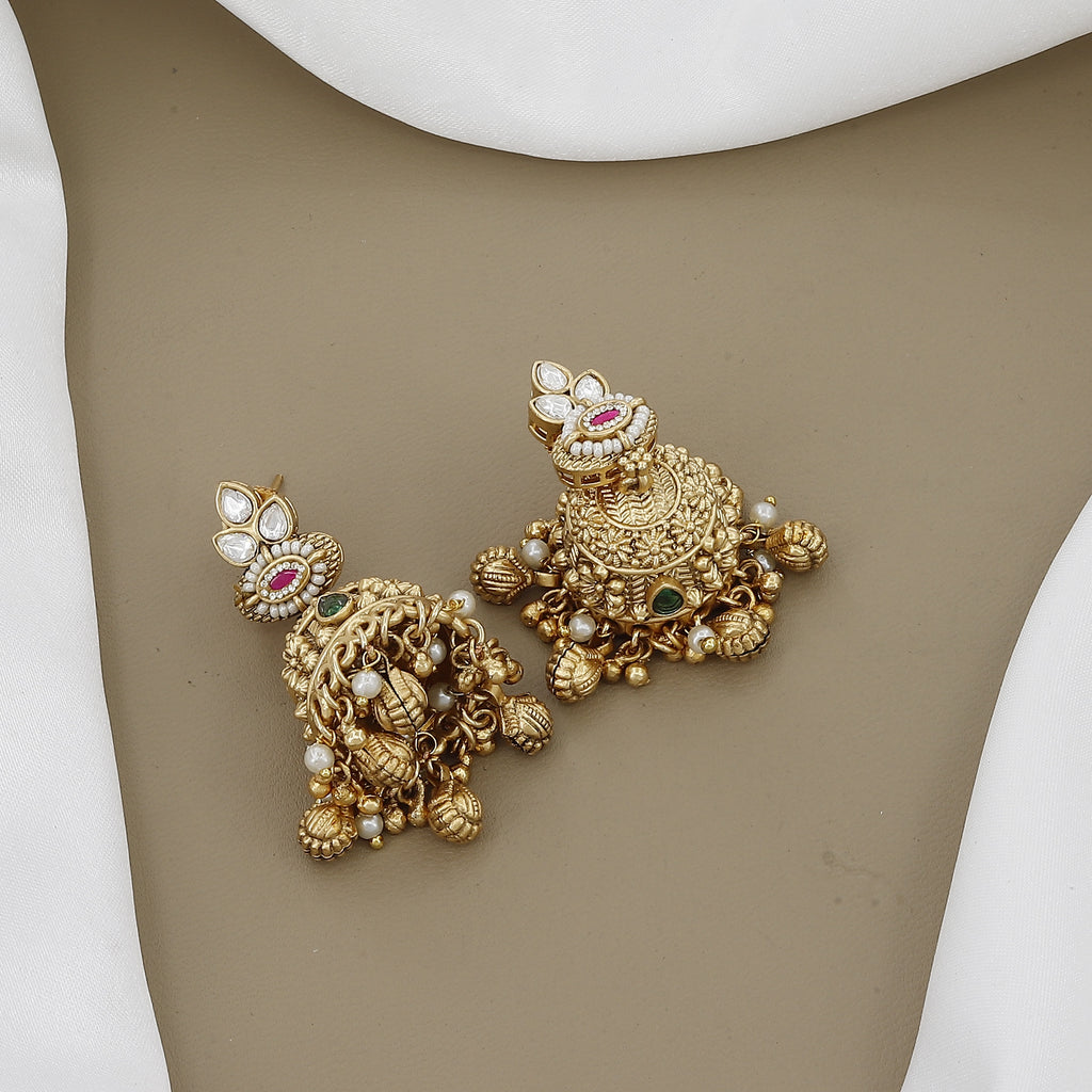 Artisan Pearl & Ruby Necklace Set with Grand Kundan Pendant & Statement Jhumkas