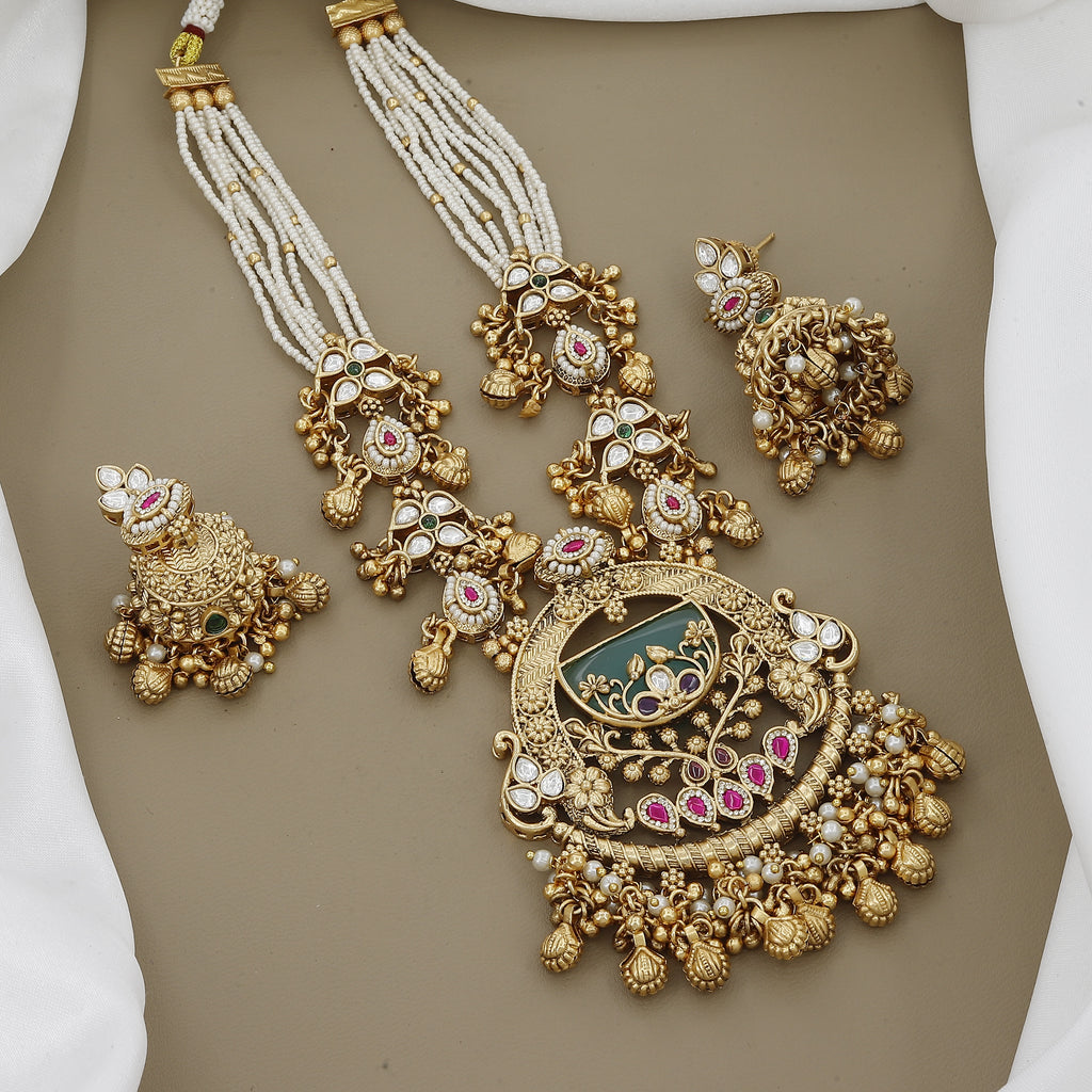 Artisan Pearl & Ruby Necklace Set with Grand Kundan Pendant & Statement Jhumkas