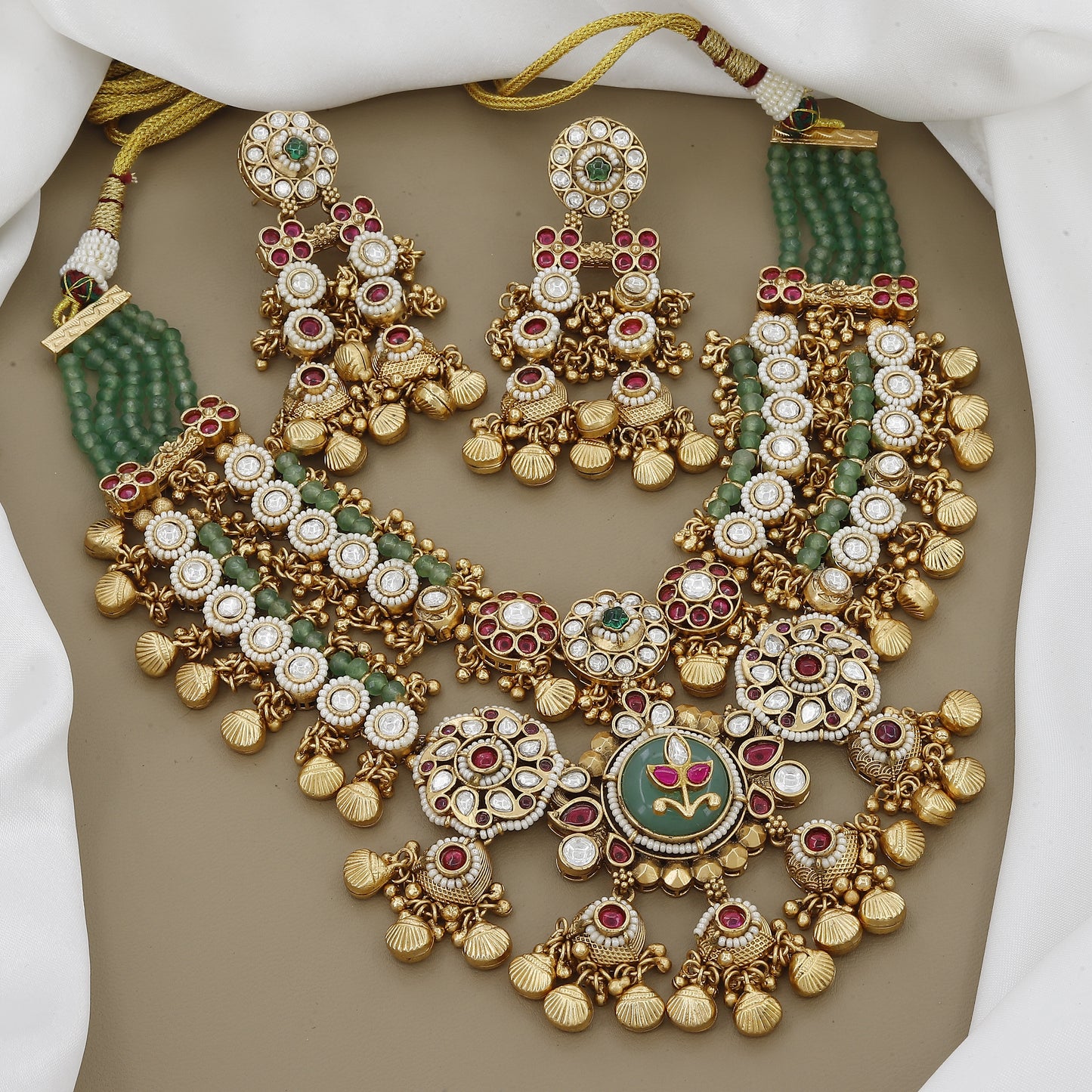 Grand Jadau Kundan & Ruby Necklace Set with Beaded Chain
