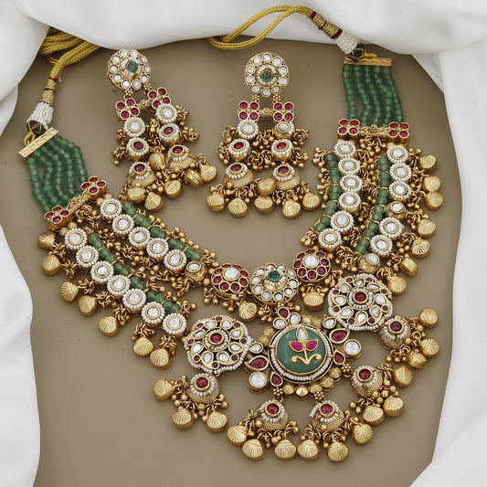 Grand Jadau Kundan & Ruby Necklace Set with Beaded Chain