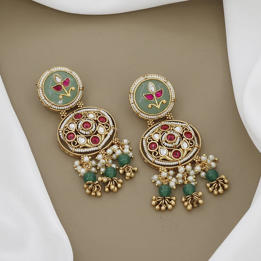 Grand Jadau Kundan & Ruby Necklace Set with Multi-Strand Pearls and Emerald Beads
