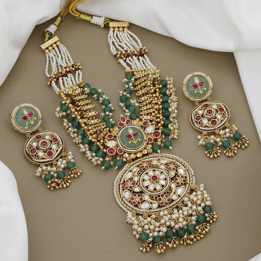 Grand Jadau Kundan & Ruby Necklace Set with Multi-Strand Pearls and Emerald Beads