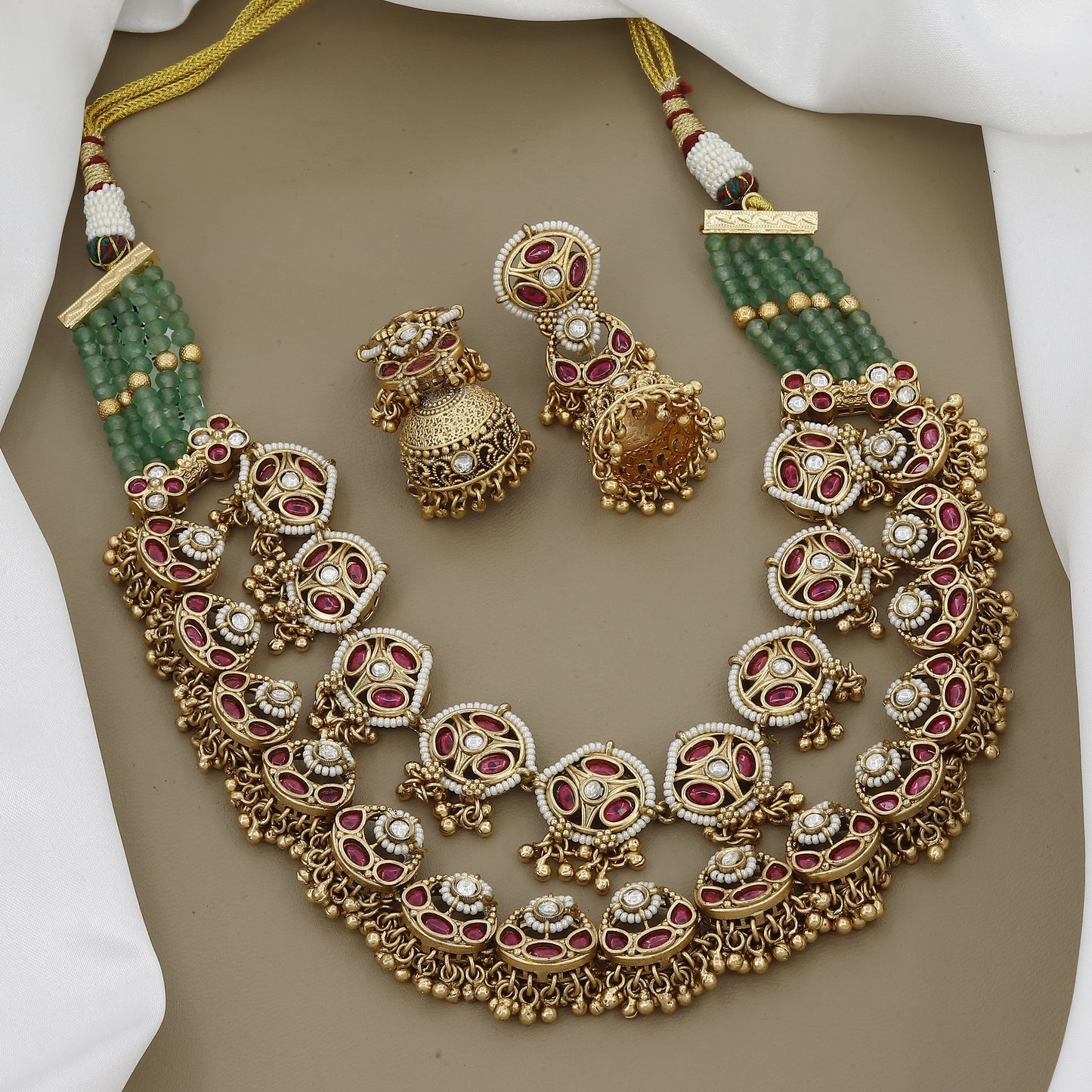 Luxurious Tiered Ruby & Kundan Necklace Set with Green Beaded Chain