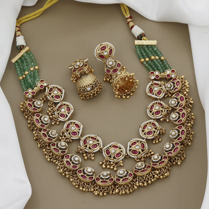 Luxurious Tiered Ruby & Kundan Necklace Set with Green Beaded Chain