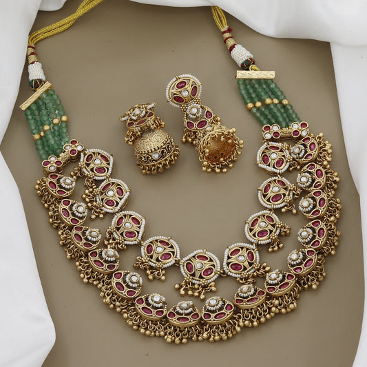 Luxurious Tiered Ruby & Kundan Necklace Set with Green Beaded Chain