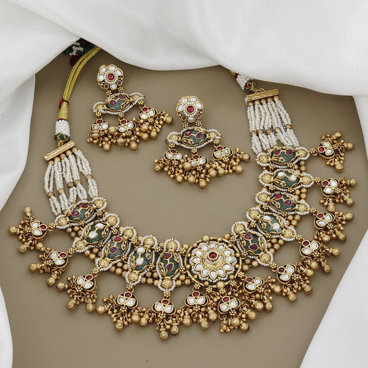 Gold Toned Collar Necklace Set with Linked Ruby & Kundan Medallions