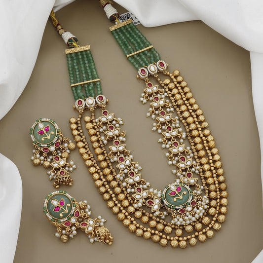 Grand Layered Gold Plated Necklace with Kundan, Ruby & Green Stone