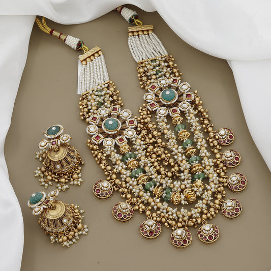 Grand Layered Jadau & Kundan Necklace Set with Jhumka Earrings