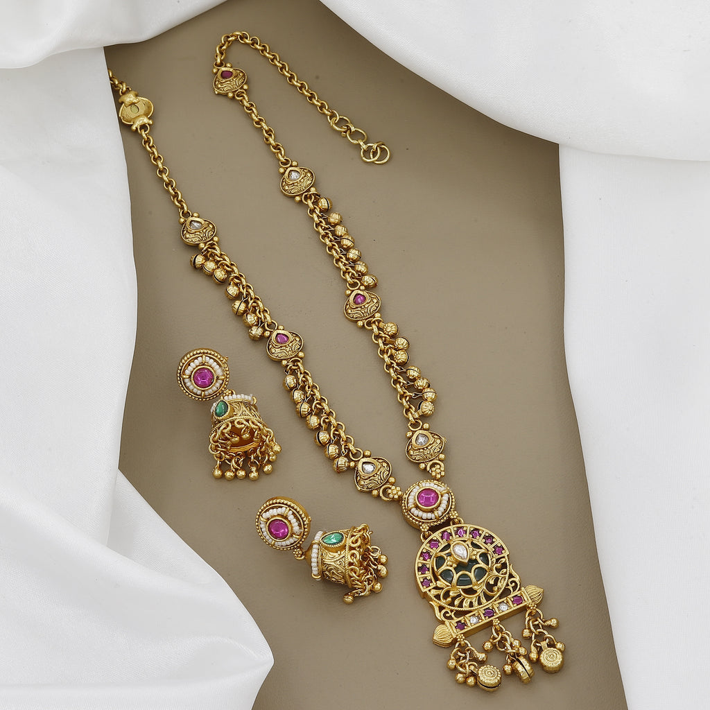 Traditional Gold Toned Mini Necklace Set with Earrings